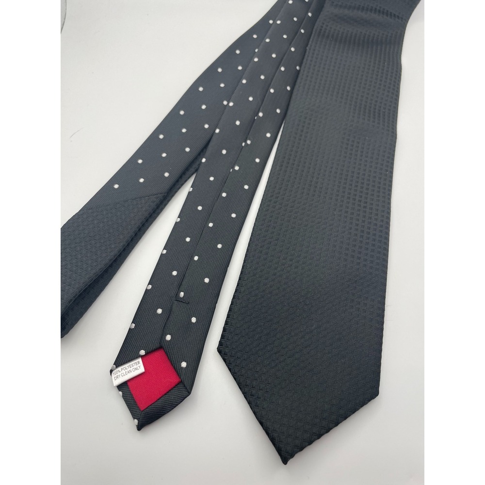 Linea Uomo Mens Tie Black Textured Grid White Polka Dot Red Tipping Polyester